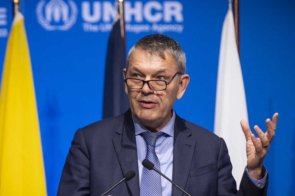 المفوض العام لوكالة الأمم المتحدة لغوث وتشغيل اللاجئين الفلسطينيين (أونروا) فيليب لازاريني يلقي كلمته خلال المنتدى (تصوير: أ ف ب)