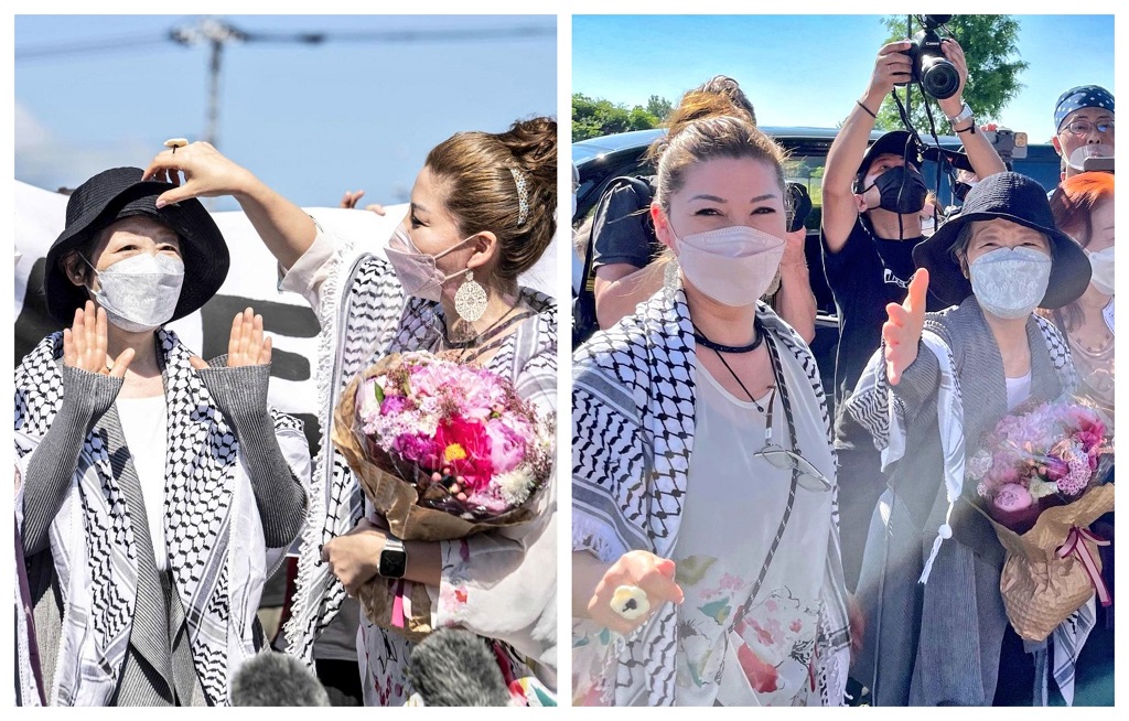 شيغينوبو تتوشح بالكوفية الفلسطينية مع ابنتها ماي عقب الإفراج عنها