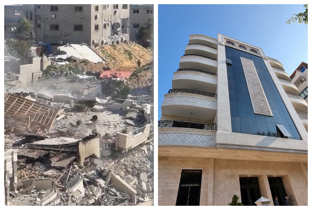 صورة للمبنى الذي يضم مكاتب وكالة التنمية البلجيكية في غزة قبل القصف الإسرائيلي وبعده